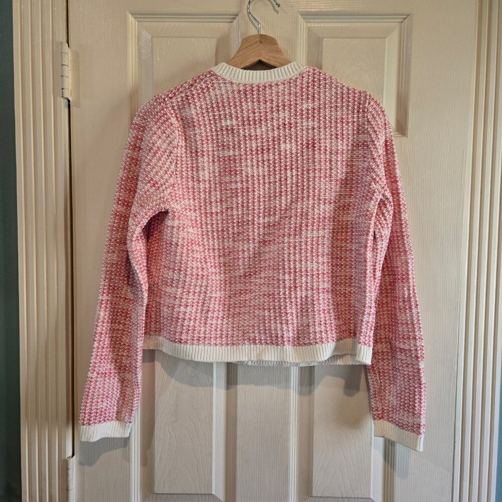 J Crew Factory Pink White Cardigan Sweater Lady Jacket Gold Buttons M - Picture 3 of 5